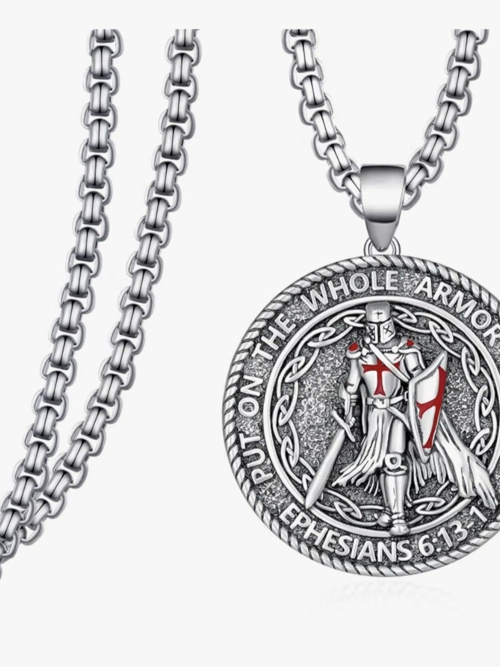 Faith Crusader Silver Pendant Necklace with Red Accents
